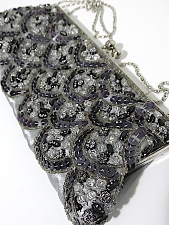 None Handbags - Silver & Grey Sequined Evening Shoulder Bag